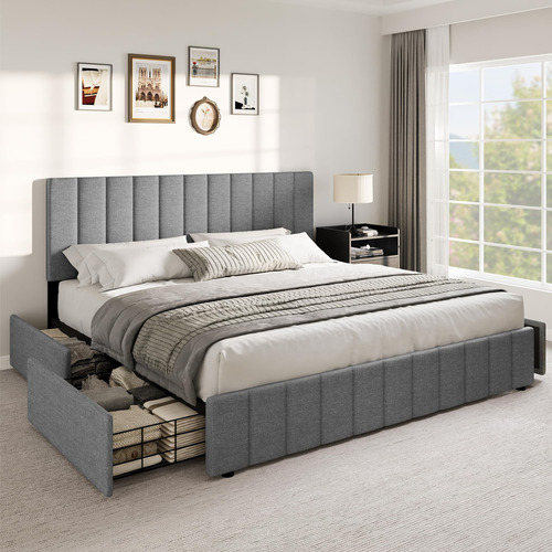 Base De Cama King Con Cajones Y Cabecera Ajustable, Gris