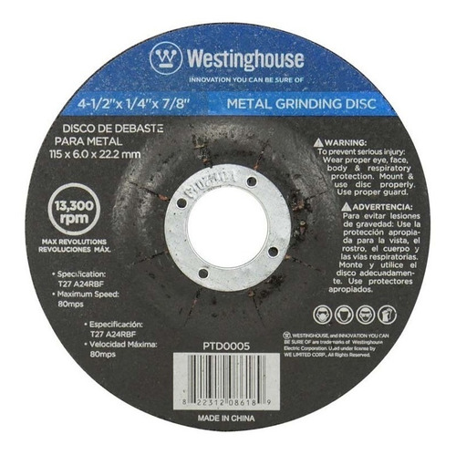 Disco Esmerilar Metal 4.1/2x1/4x7/8 1pqt/5u 005 Westinghouse