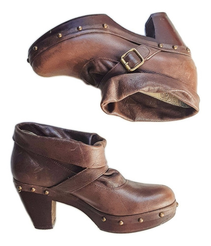 Zapatos Botas Botinetas Taco Cuero Color Chocolate Talle 38