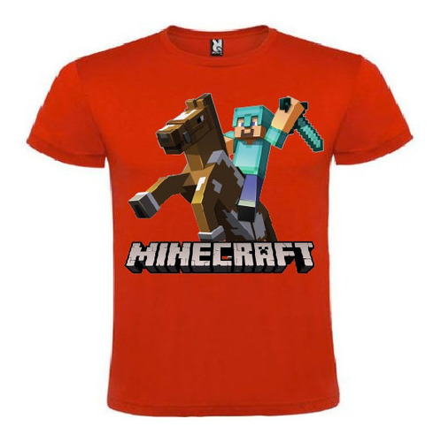 Polera Color Algodón 100% Niños Minecraft Steve Caballo