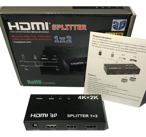 Splitter Hdmi 1x2 2k 4k 3d 1080p Hd 2 Pantallas Duplicador