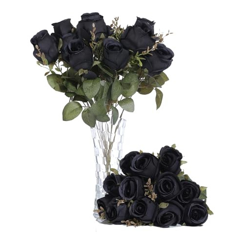 Rosas Artificiales 24 Cabezas Decoración Boda Fiesta, Negro