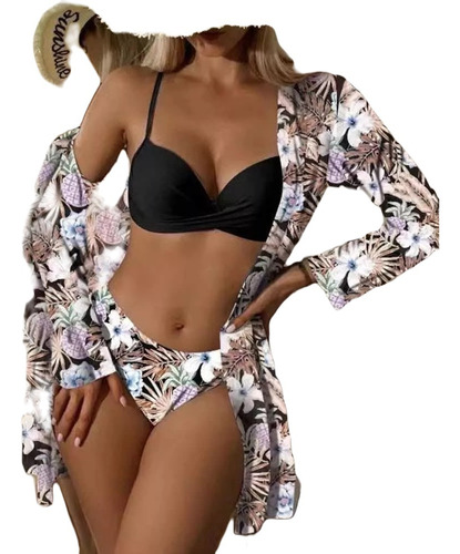  Bikini De Cintura Baja, Traje De Baño De Tres Piezas Floral