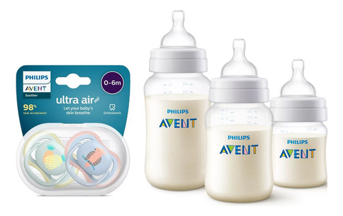 Set Recien Nacido Avent Classic ® 3 Mamaderas 2 Chupetes 0 6m Varon