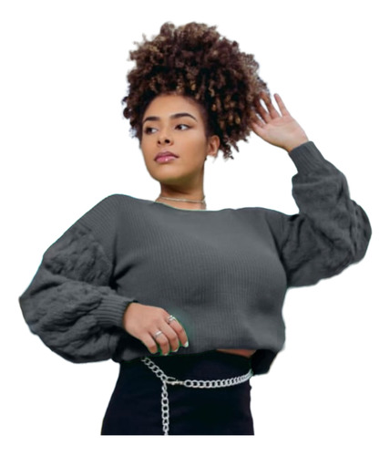 Blusa De Frio Feminina Em Tricot Com Manga Texturizada