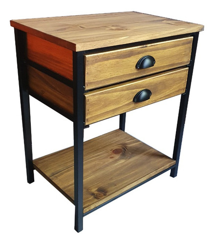 Imagen 2 de 8 de Mesa De Luz Mini 40x35x60 2 Cajones Industrial Hierro Madera