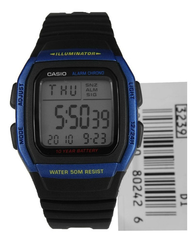 Reloj Casio para hombre, modelo W-96H-2avdf, color de correa negro/azul, color de bisel negro, color de bisel azul, color de fondo gris