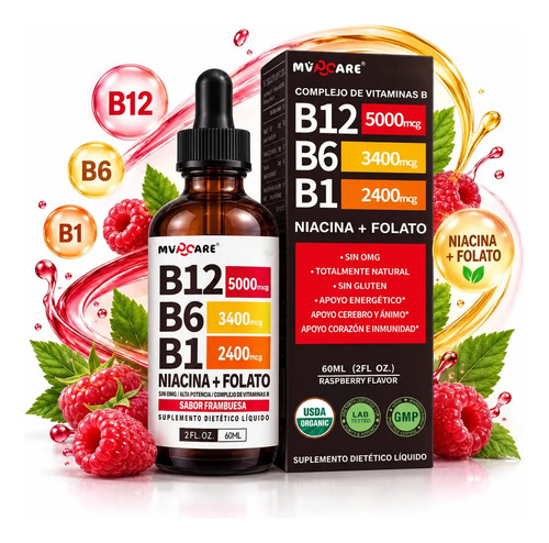 MVPCARE Vitamina B12,b6 Y B1 Gotas Líquidas, Complejo B Sublingual,contiene Nicotinamida Y Ácido Fólico,apoya La Salud Del Cerebro, El Corazón Y La Piel 60ml