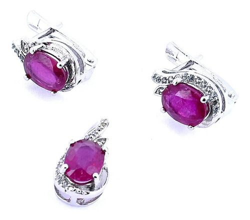 Juego De Plata Con Piedra Natural Rubí Color Rojo