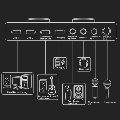 18 tipos de efectos de sonido 6 modos de efecto Tarjeta de sonido de audio V8 externa tarjeta de sonido de transmisión en vivo de computadora bluetooth con 112 tipos de electroacústicos Negro