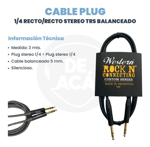 Imagen 2 de 6 de Cable Balanceado Plug 1/4 Trs A Plug 1/4 Trs Western 3mts