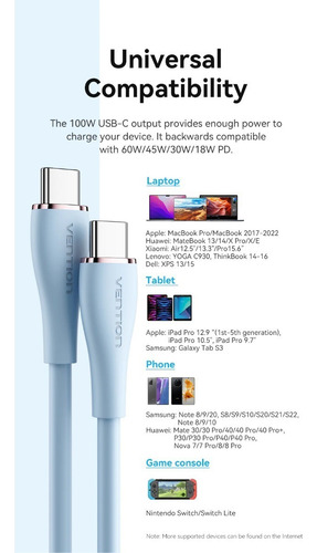 Cabo de carregamento rápido USB C 1m 5a 100w Pd Silicone Vention azul claro