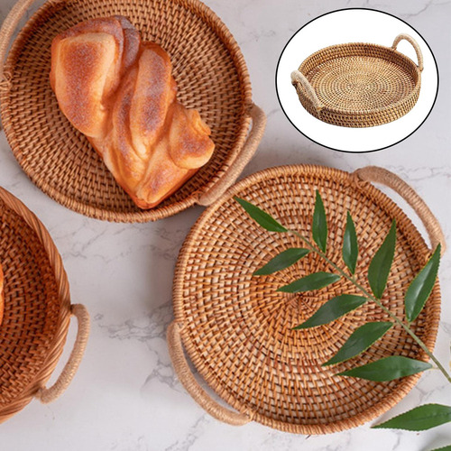 Cesta De Mimbre Tejida A Mano For Comida, Mango Redondo L