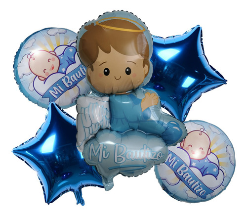 Kit De 5 Globos Angel Mi Bautizo  Azul Y Rosa Metalico