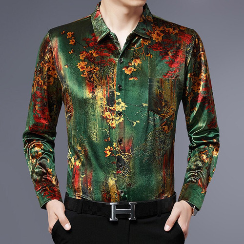 Camisas De Terciopelo De Seda Con Flores Para Hombre, Manga