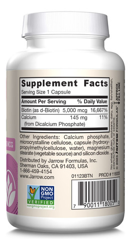 Jarrow Formulas Biotina 5000 Mcg 100 Cápsulas Veganas