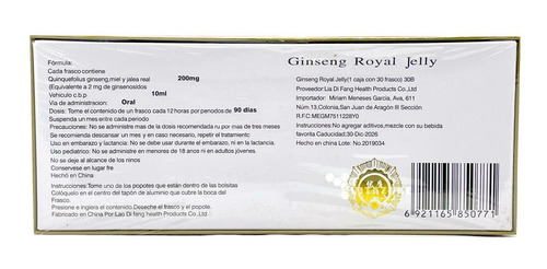 Imagen 2 de 5 de Ginseng Royal Jelly 30 Ampolletas De 10 Ml Mei Hua