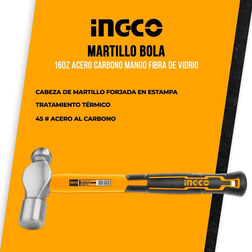 Martillo Bola 16oz Acero Carbono Ingco Mango Fibra De Vidrio