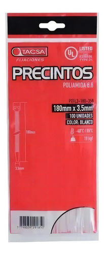 Precintos Prensacable 180mm X 3.5mm Tacsa X 100 Unidades Color Blanco