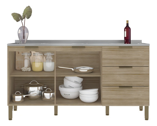 Balcão Gabinete Com Pia Inox 160cm Charm K02 Freijó Cor Marrom amarelado