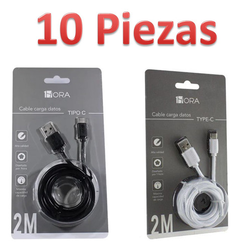 Lote10pz Cable Usb2m Tipo C 2.1a 1hora Cab185 Blanco Y Negro