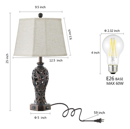 Juego De 2 Lámparas De Mesa Rústicas Con Puertos Usb
