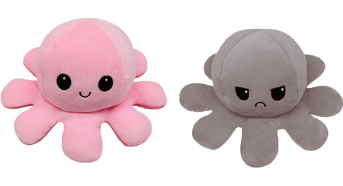 Pulpo de peluche 2 en 1 Bravo Happy Two Faced, divertido, color gris y rosa