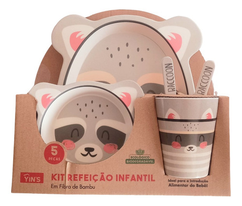 Kit Refeição 5 Peças Infantil Bambu Autossustentável Cor Raccoon