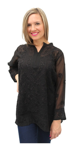 Imagen 3 de 9 de Tunica Georgette Gasa Bordado Mano Lucknow India Importada