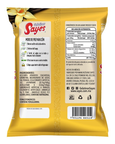 Imagen 3 de 3 de Gelatina En Polvo Sayes De Leche Sabor Vainilla 120gr