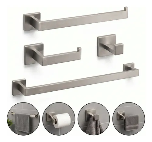 Kit Acessórios Banheiro Inox 304 Quadrado Luxo 4 Peças