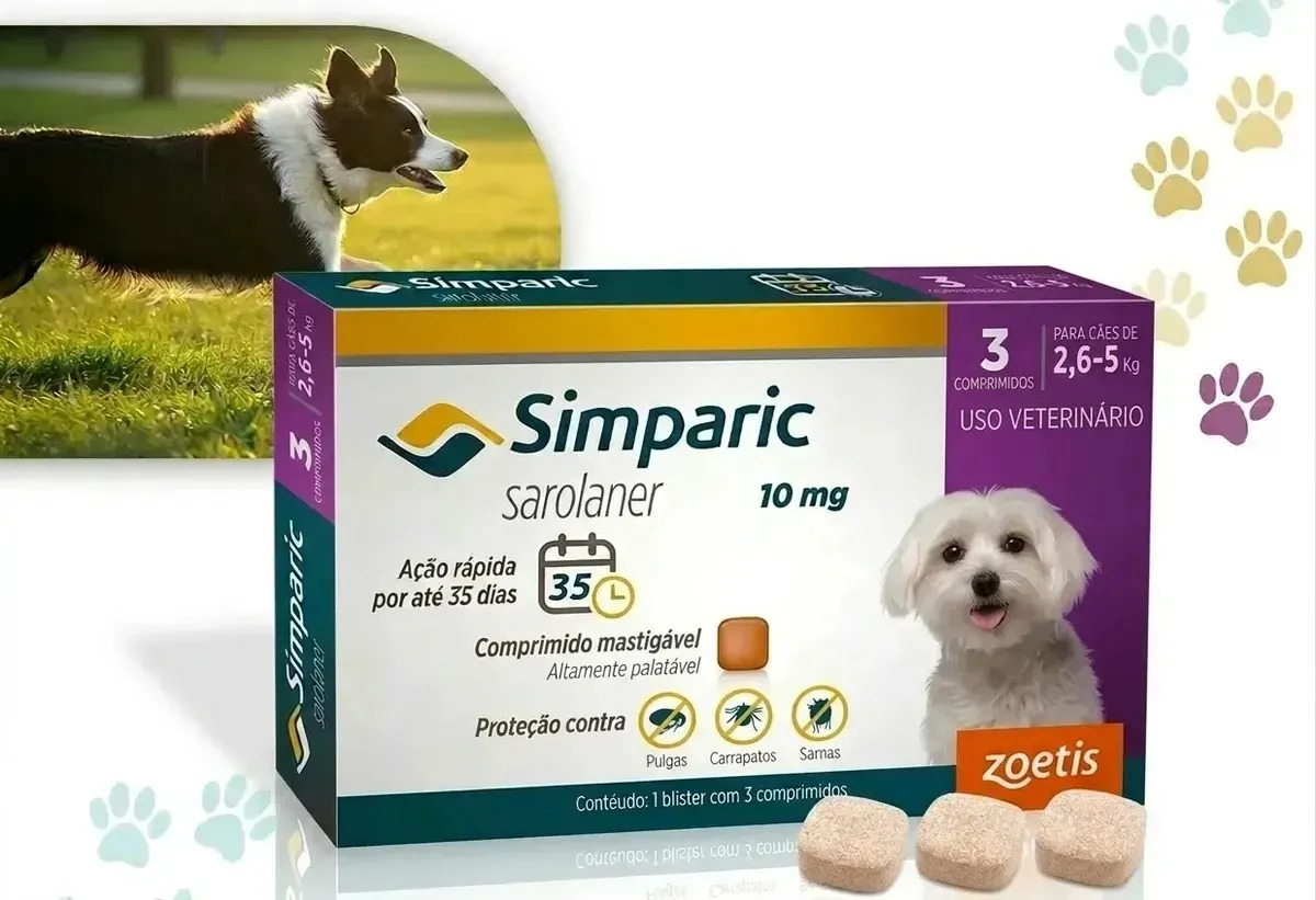 Simparic 10mg C/ 3 Comprimidos para Cães 2,6kg a 5kg Proteção Completa Antipulgas e Carrapatos 5