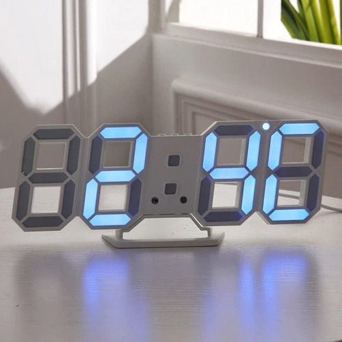 Reloj LED digital de escritorio y pared con alarma de fecha, color blanco/azul