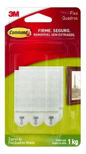 Fecho Contato Adesivo Removível Pendurar Fixar Quadros 3m Command Até 1kg 3 Pares