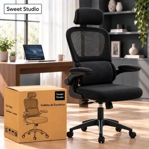 Cadeira de Escritório Ergonômica Sweet Studio com Apoio de Cabeça Preta