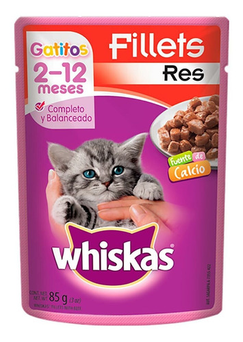 Alimento Whiskas Fillets para gato de temprana edad sabor fillets de res en sobre de 85g