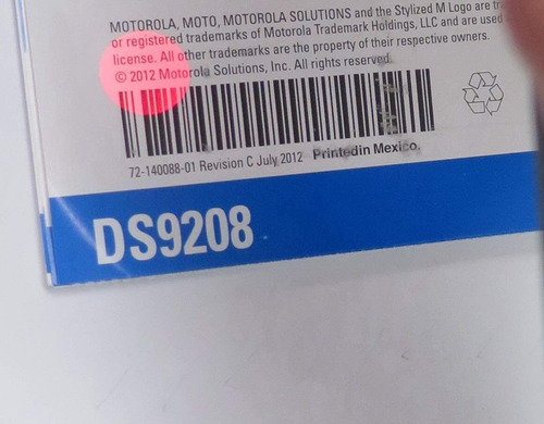 Zebra/motorola Symbol Ds9208 Handheld 2d Barcode Scanner Wit