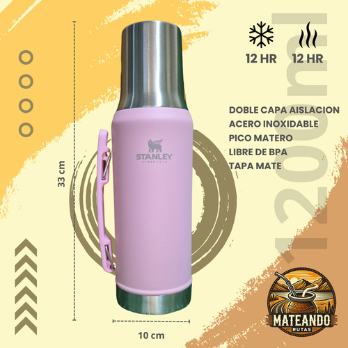 Combo Termo System Mate Bombilla Acero Inox Doble Capa 1.2l Rosa Claro