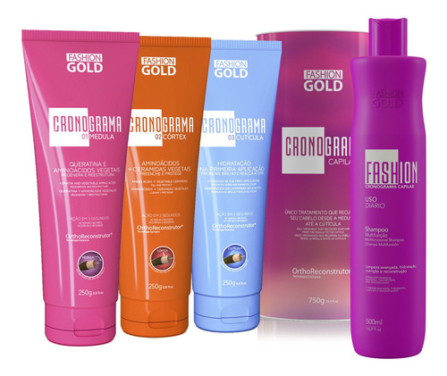 Kit Cronograma Capilar + Shampoo 500ml Fashion Gold