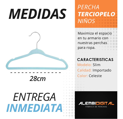 Pack 100 Perchas Felpa Terciopelo Slim Celeste Infantil