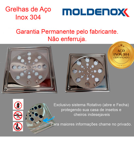04pçs Kit Grelha/ralo 15x15cm C/caixilho Aço 304 Moldenox
