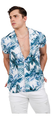 Camisa Tropikl Hawaiana Kaia Slim Fit Noche Azul Blanco