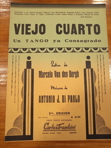Viejo Cuarto Van Den Bergh Di Paolo Tango Partitura (Usado)