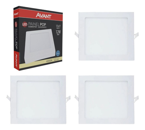 Kit 03 Plafon Led Sobrepor Quadrado 12w 4000k Bivolt 17x17cm Cor Branco