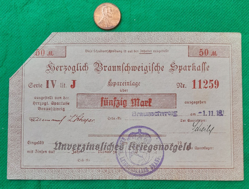 Billetes Alemania Kriegsnotgeld De 50 Marcos, Año 1918.