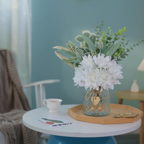 Jarrón Flores Eucalipto Sauce Artificiales Decoración Blanco