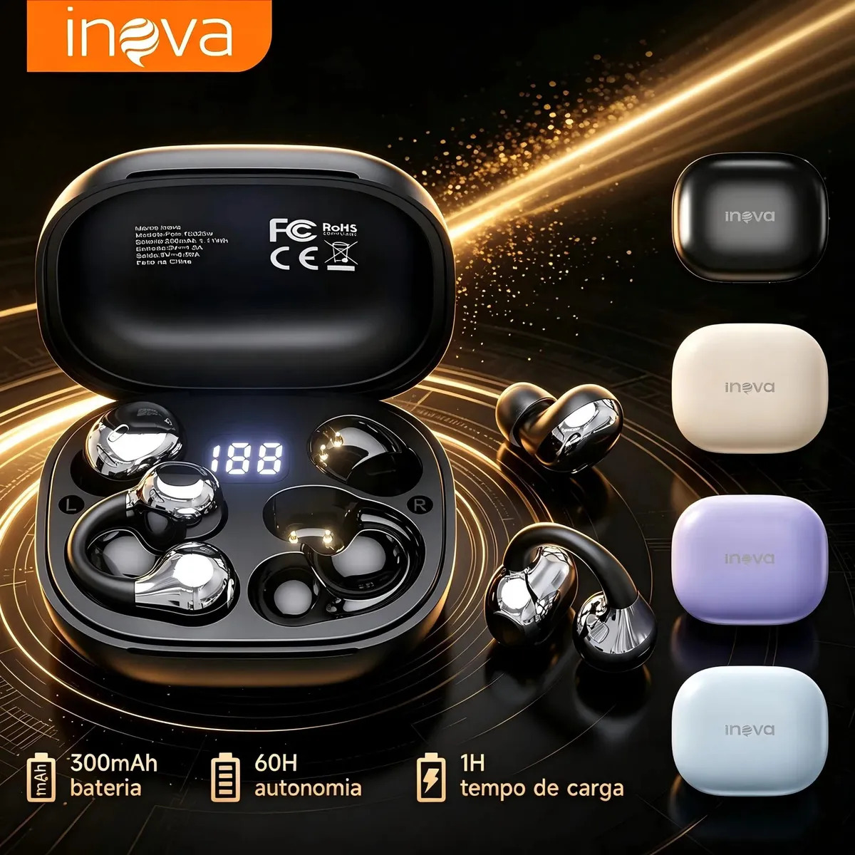 Fone de Ouvido Bluetooth Sem Fio 2 em 1 Clip e TWS para Dormir de Lado Corrida Academia Esportivo IPX5 30h Chamadas Nítidas Microfone Ouvidos Pequenos Estojo 300mAh TWS In-Ear