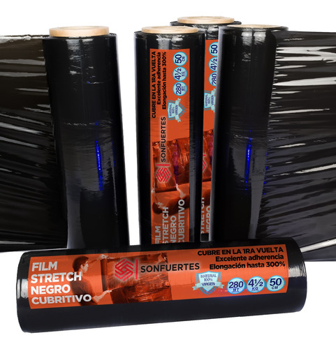 Film Stretch Negro Cubritivo Virgen Refor 50cm Rollo Pack X5