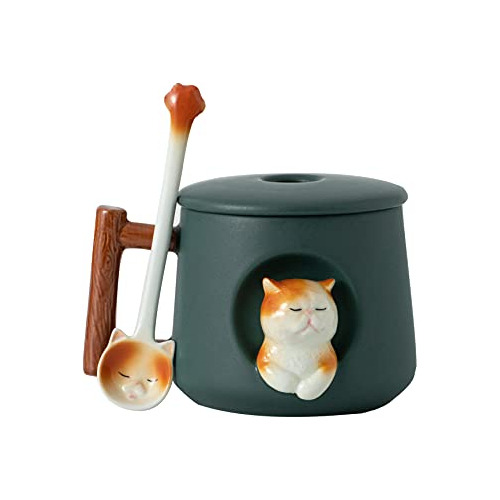 Taza De Cerámica De Gato Adorable 3d Tapa Y Cuchara, P...