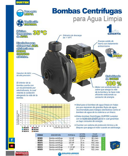 Bomba Centrífuga Para Agua 1/4hp Surtek Bc603